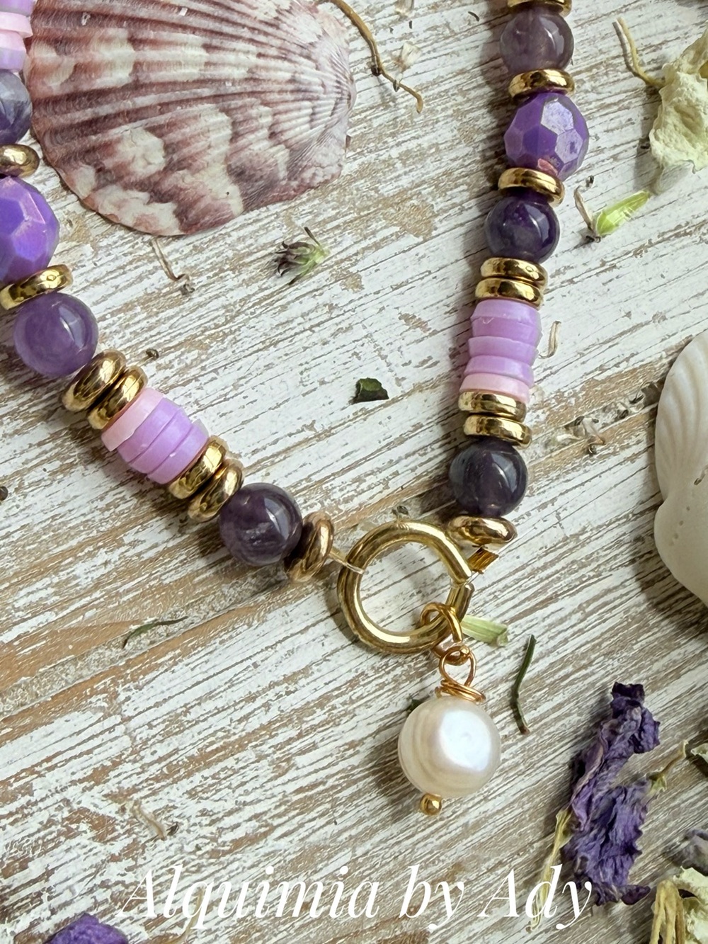 Amethyst Purple Bead & Pearl Toggle Necklace